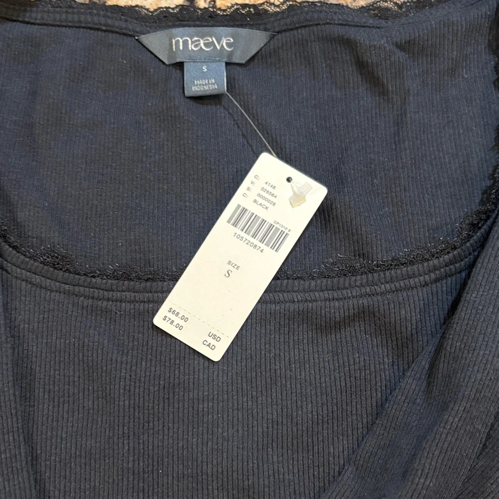 New Maeve Blk Ribbed Top with Lace Detail by anthropology Size S & M - Picture 2 of 11